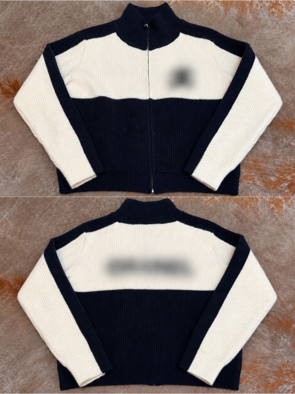 Colorblock Zip-Front Women’s Sweater Jacket - Navy & Cream